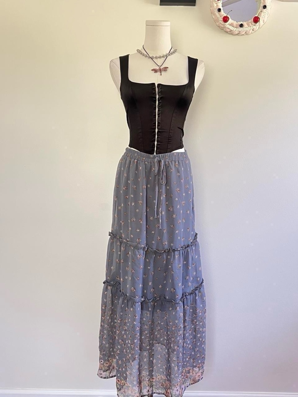 Sienna Sky Gray Blue Floral Tiered Maxi Skirt